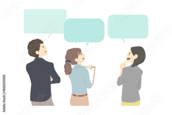 Obraz ディスカッションする職場の同僚、上司と部下の後ろからのイラストと（主線なし・吹き出し）