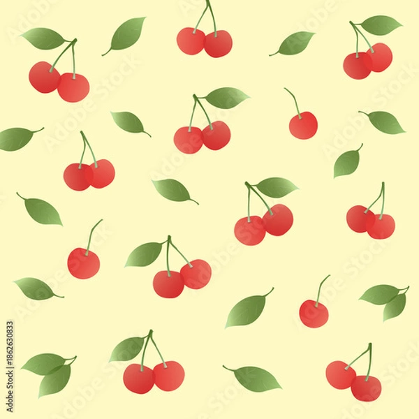 Obraz さくらんぼの北欧風パターン（イエロー）ー やわらかなイエローに赤いさくらんぼを散りばめた北欧ミニマルパターン。デザインペーパー、マスキングテープ、マスキングシールブック、フレークシール、クリアファイル、手帳デコ素材、ノート表紙、ハンカチ、ミニタオル、箸、マグカップ、皿、キッチンクロス、キッチン雑貨、ポーチ等に最適。