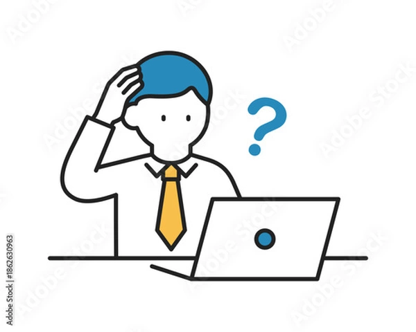 Fototapeta ノートパソコンを操作するビジネスマンー考える・疑問（線幅変更可能・カラー）	
