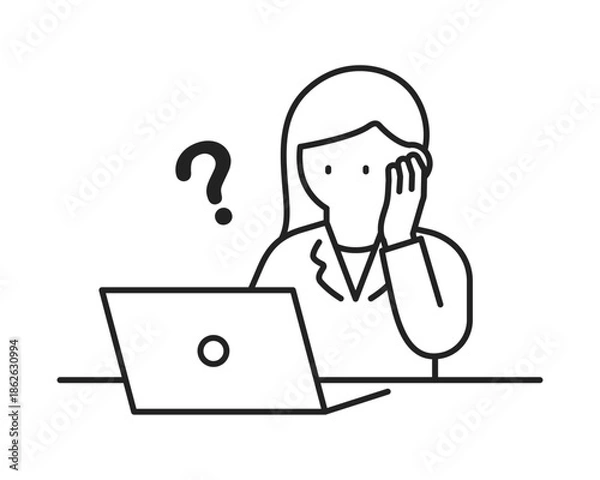 Fototapeta ノートパソコンを操作するスーツを着た女性ー考える・疑問（線幅変更可能）