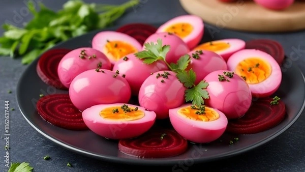 Obraz Pink pickled deviled eggs on plate.