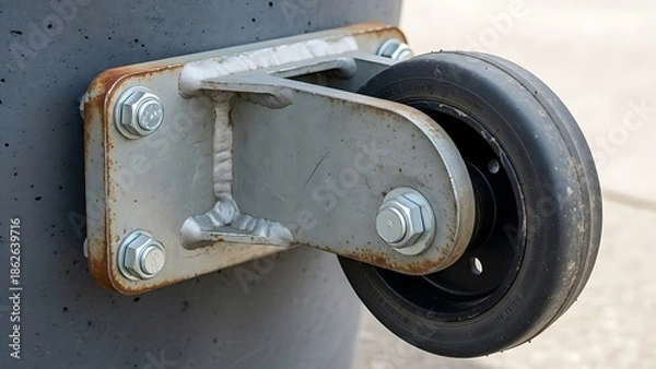 Obraz Robustly Constructed Industrial Wheel Assembly Mounted on Solid Container