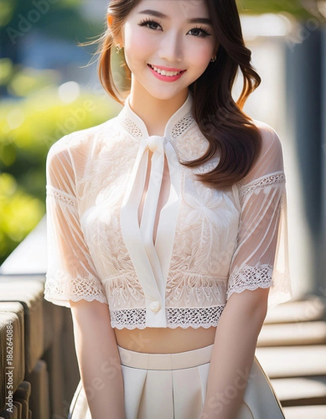 Obraz 白いトップスを着た若い女性のポートレート、胸を強調した服装。愛らしくて艶っぽい女性。