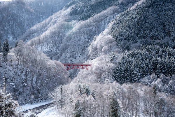 Obraz 雪景色と赤い橋