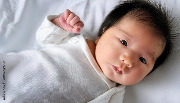 Obraz 生まれたばかりの小さな赤ちゃんの顔のクローズアップ。アジア人の新生児。おくるみに巻かれている。
