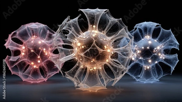 Obraz Three abstract, glowing sphere structures with intricate webbed designs and internal light points