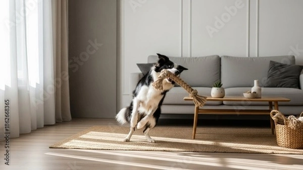 Obraz 明るいリビングでロープのおもちゃをくわえて遊ぶボーダーコリー