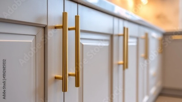 Obraz Gold handles on light gray kitchen cabinets