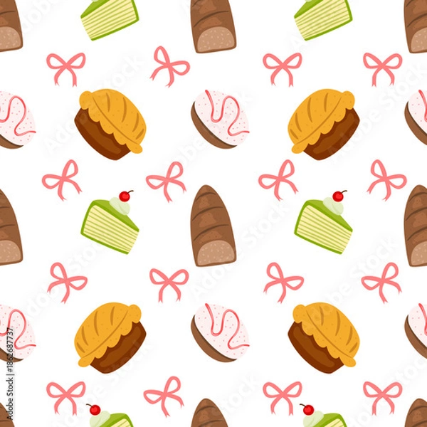 Obraz cake and bread seamless pattern with  bow