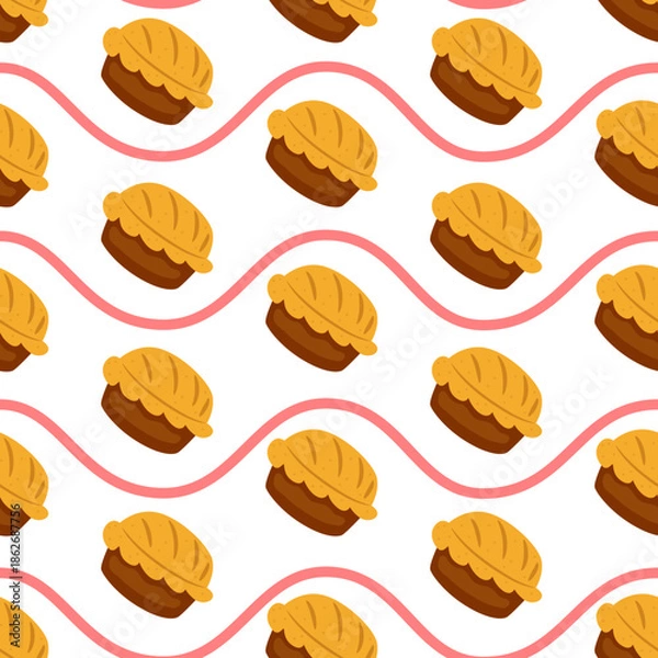 Obraz cake and bread seamless pattern with line wave background