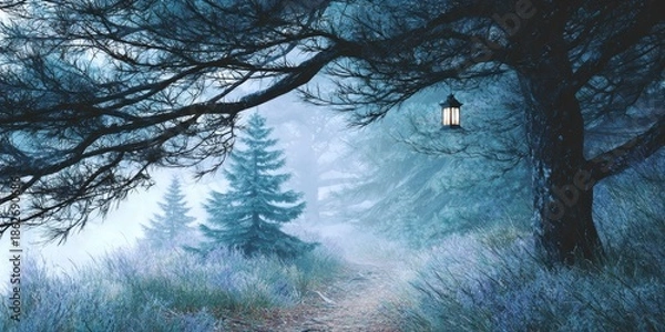 Obraz Moonlit forest path with lantern and mist