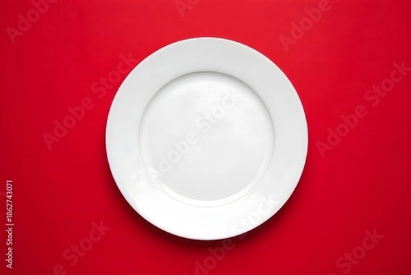 Obraz Empty White Ceramic Plate on Red Background