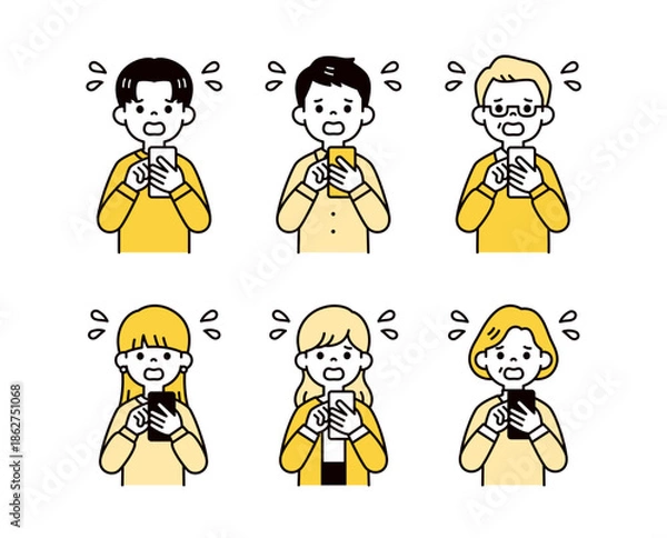Fototapeta 焦った・慌てた様子でスマホを操作する、様々な年齢の男性と女性のベクターイラスト素材セット