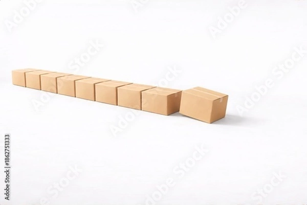 Fototapeta Logistics delay concept with a long orderly line of cardboard boxes and one box positioned ahead, symbolizing waiting time, processing delay or slowed delivery flow, with copy space