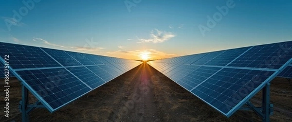 Obraz Solar panels at sunset with sun rays shining through