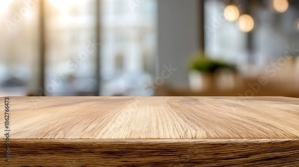 Obraz smooth light oak table with bright blurred office background