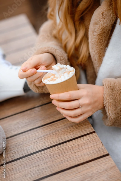 Fototapeta winter fun. coffee with marshmallows