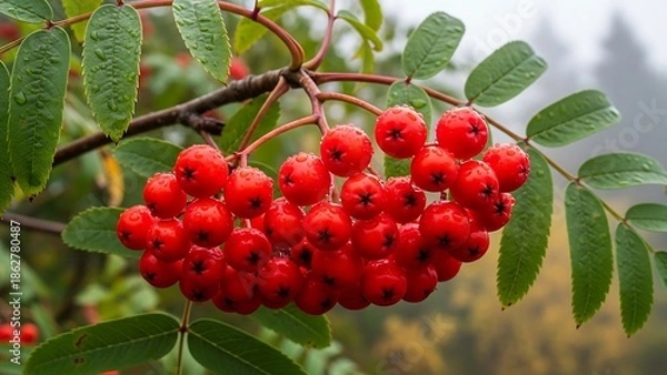 Obraz Vibrant rowan berries on tree branch.