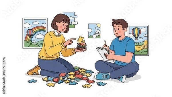 Obraz Couple Building Puzzles Together.
