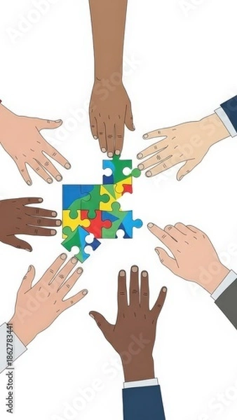 Obraz Diverse Hands Assembling Puzzle Together.