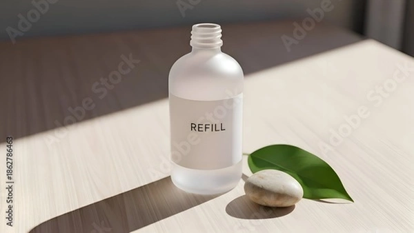 Obraz Refillable Bottle with Cap and Green Leaf.
