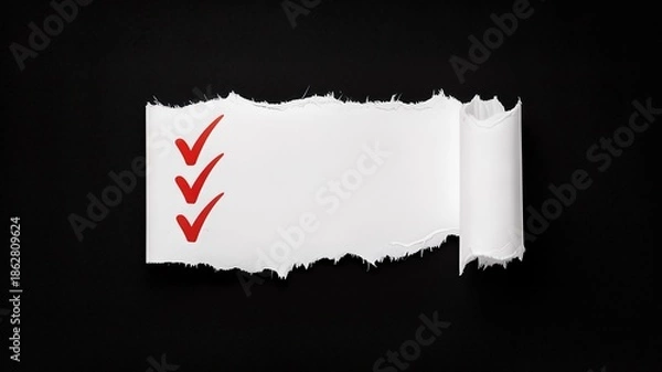 Obraz Torn paper with three red checkmarks on black background