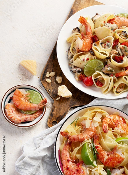 Obraz Delicious pastas with red shrimps and mussels, italian pastas, mediterranean recipe.