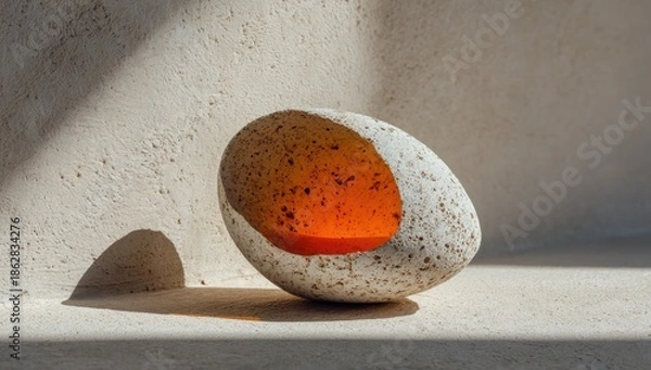 Obraz A cracked egg on a light beige surface