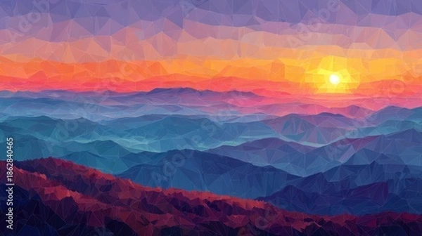 Obraz Geometric mountain range sunset vibrant low poly
