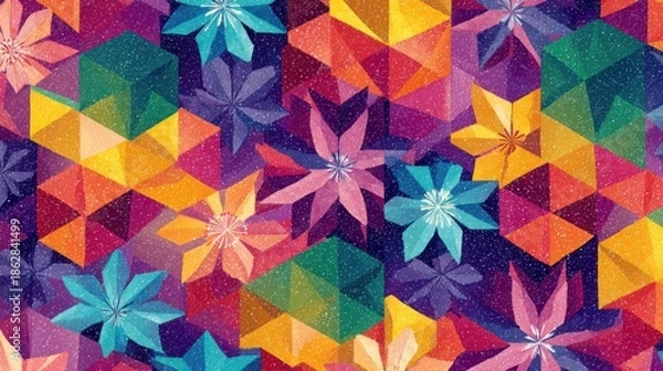 Obraz Vibrant geometric floral pattern with sparkling overlay