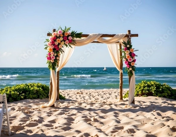Obraz Romantic Beach Wedding Setup with Rustic Arch and Ocean Backdrop