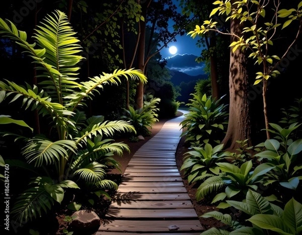 Obraz Moonlit Forest Pathway Through Lush
