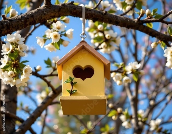 Obraz Springtime Birdhouse Amid Blooming Branches Under Clear