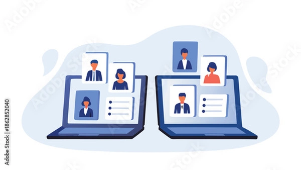 Obraz Remote team members collaborating online with laptops