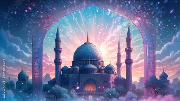 Obraz ゲーム背景　薄明の早朝美しいアラビアンファンタジー風の宮殿