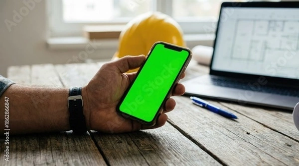 Obraz Construction Professional's Desk: Mobile Device, Plans & Green Screen