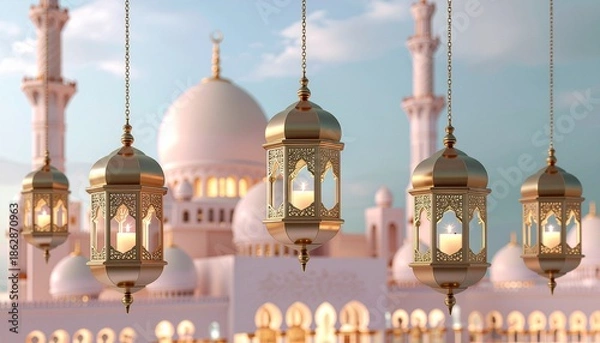 Obraz Traditional Arabian lanterns with mosque backdrop during sunset