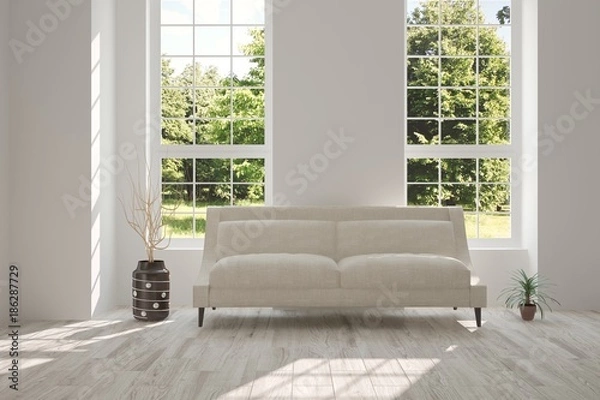 Fototapeta Idea of white room with sofa and summer landscape in window. Scandinavian interior design. 3D illustration