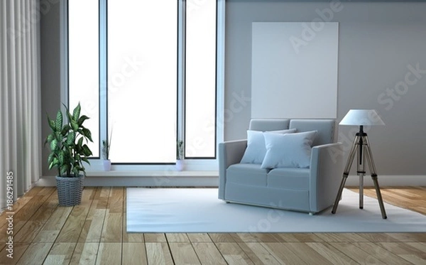 Fototapeta Living room with sofa have pillows, lamp with flowers on white wall background, 3D rendering