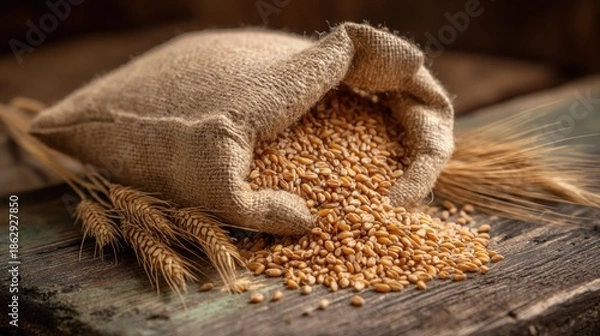 Obraz Wheat grains in burlap sack