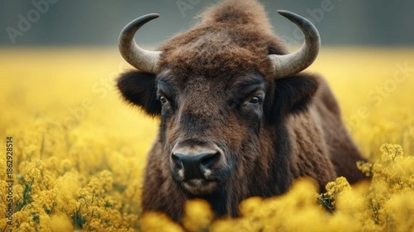 Obraz Bison in yellow flower field