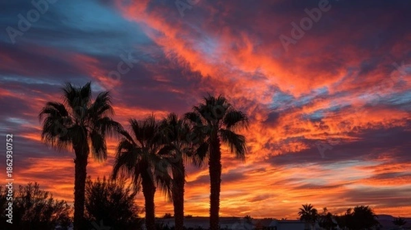 Obraz Vibrant sunset over palm trees