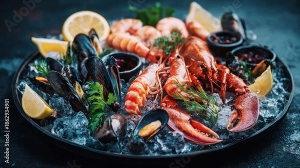 Obraz Fresh seafood platter on ice