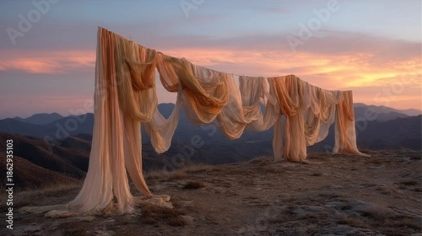 Obraz Warm fabrics draped against mountain sunset