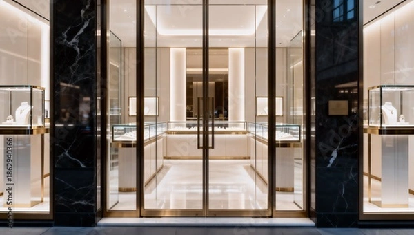 Fototapeta 洗練されたガラス外観と高級感あふれるジュエリーブティック入口の商業写真