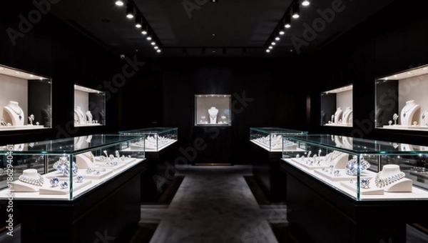 Fototapeta ゴールドとダイヤモンドが並ぶ高級ジュエリーショップ店内を捉えた洗練されたインテリア写真