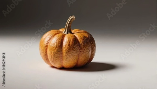Fototapeta Small decorative pumpkin casting a shadow on a neutral surface.