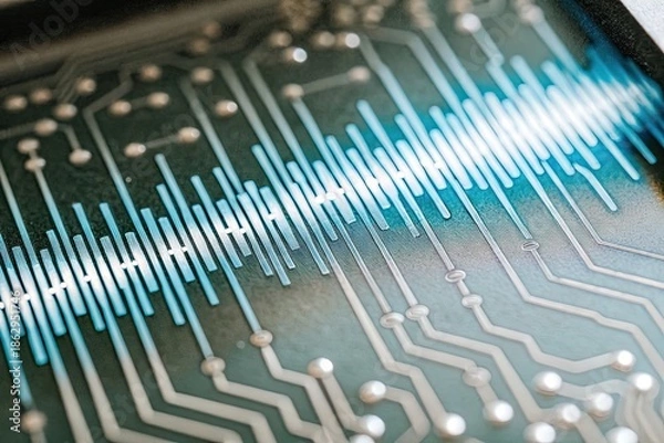 Fototapeta Digital sound waves visualized on a circuit board, representing technology and audio processing
