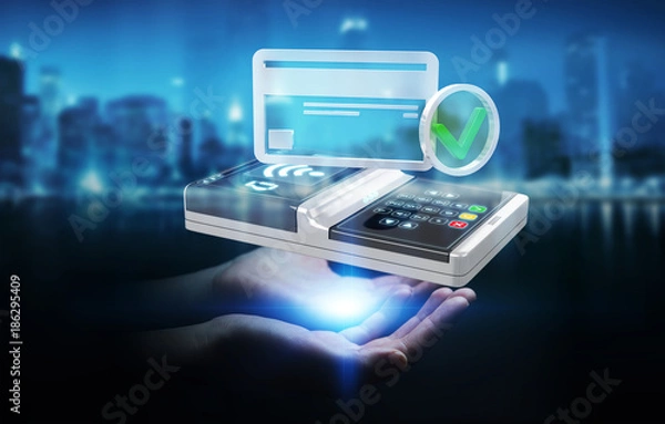 Fototapeta Businesswoman using contactless terminal payment 3D rendering