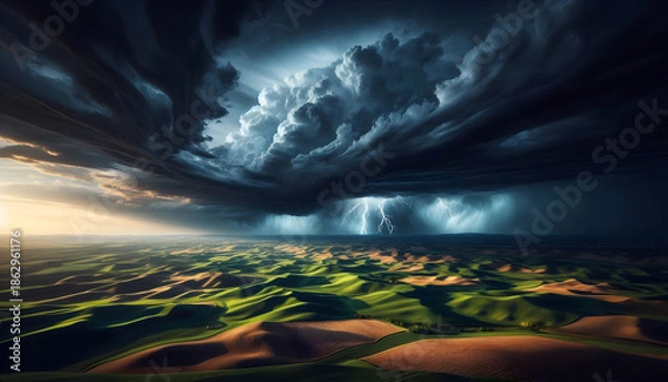 Obraz Storm clouds over rolling hills